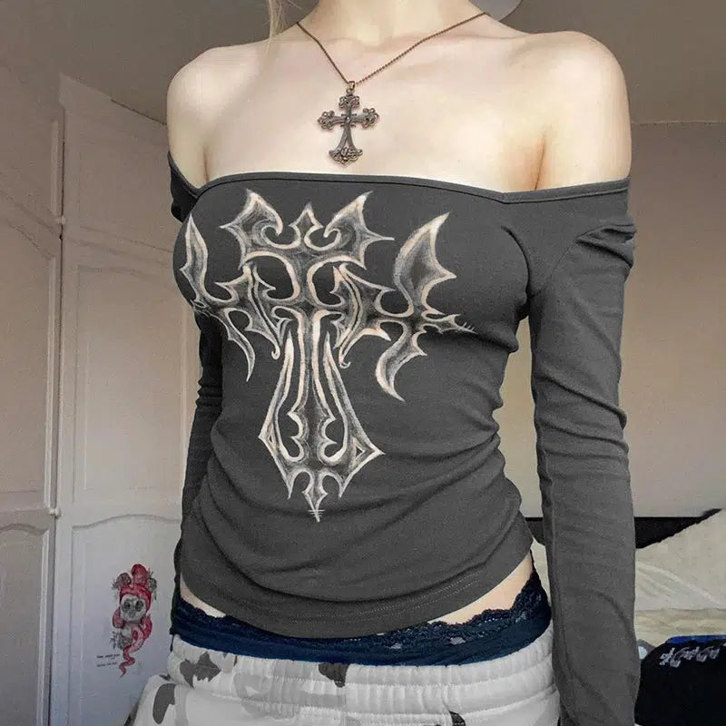 Y2K Fashion Grunge Cross Bleached Top - Coquette & Acubi Style