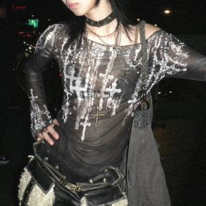 Y2K Fashion Grunge Cross Mesh Top - Dark Coquette Aesthetic Clothing