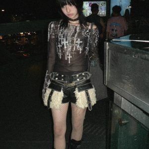 Y2K Fashion Grunge Cross Mesh Top - Dark Coquette Aesthetic Clothing