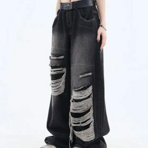 Y2K Fashion Grunge Dark Wash Distressed Jeans for Coquette Style Outfits