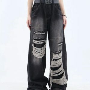 Y2K Fashion Grunge Dark Wash Distressed Jeans for Coquette Style Outfits