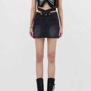 Y2K Fashion Grunge Denim Cross Belt Mini Skort - Acubi Coquette Style