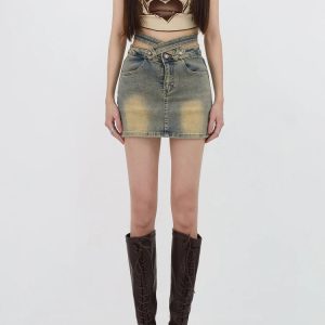 Y2K Fashion Grunge Denim Cross Belt Mini Skort - Acubi Coquette Style