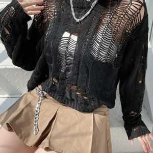 Y2K Fashion Grunge Distressed Knit Sweater - Coquette Aesthetic Style