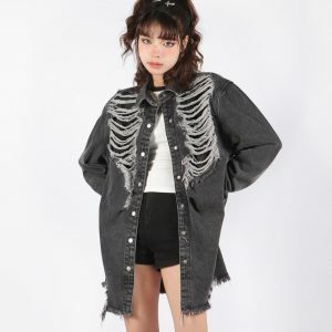 Y2K Fashion Grunge Distressed Long Denim Jacket for Coquette Style