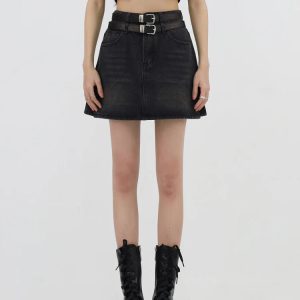 Y2K Fashion Grunge Double Belt Loop Denim Mini Skirt - Acubi Style