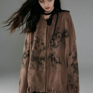 Y2K Fashion Grunge Extra Distressed Zip-Up Cardigan for Aesthetic Outfits