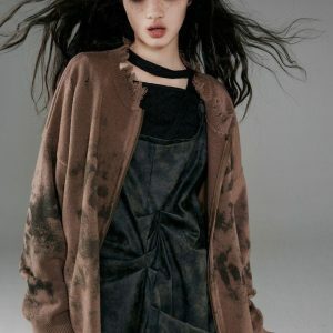 Y2K Fashion Grunge Extra Distressed Zip-Up Cardigan for Aesthetic Outfits