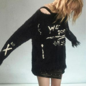 Y2K Fashion Grunge Fluffy Knitted Sweater - Coquette Aesthetic Style