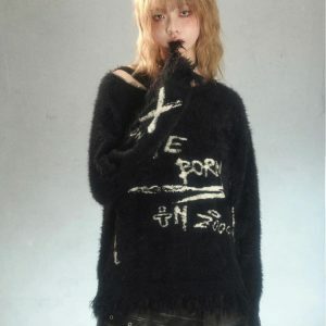 Y2K Fashion Grunge Fluffy Knitted Sweater - Coquette Aesthetic Style