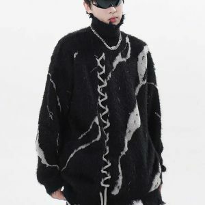 Y2K Fashion Grunge Fluffy Lace-Up Sweater - Coquette Aesthetic Style