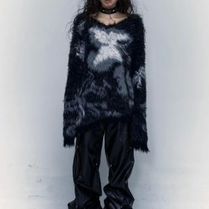 Y2K Fashion Grunge Fuzzy Sweater - Coquette Style Aesthetic Top