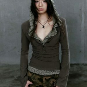 Y2K Fashion Grunge Hooded Top - Dark Coquette Aesthetic Clothing