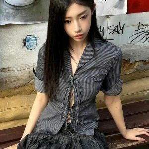 Y2K Fashion Grunge Lace Up Shirt - Dark Coquette Aesthetic Top