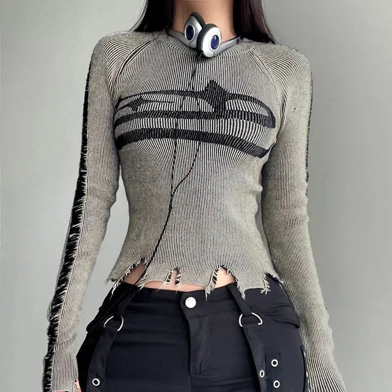 Y2K Fashion Grunge Long Sleeve Distressed Top - Acubi Coquette Style