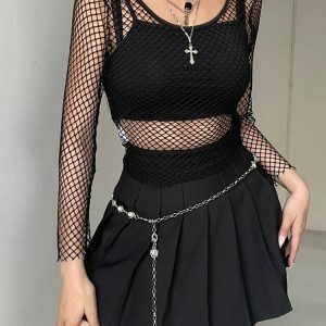 Y2K Fashion Grunge Long Sleeve Fishnet Top - Acubi Coquette Style