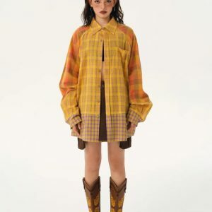 Y2K Fashion Grunge Multi-Pattern Plaid Shirt - Acubi Coquette Style