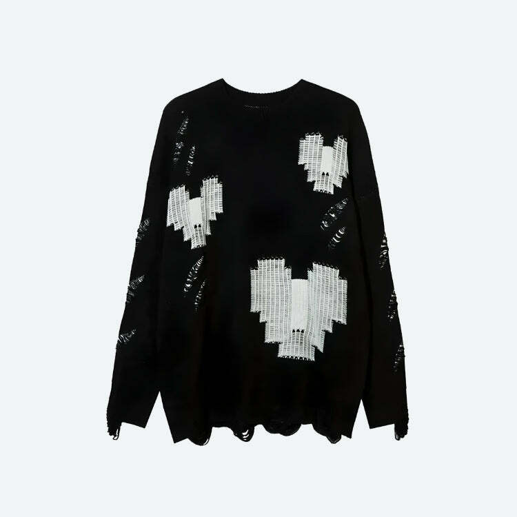 Y2K Fashion Grunge Pixel Hearts Knitted Sweater - Coquette Aesthetic Style