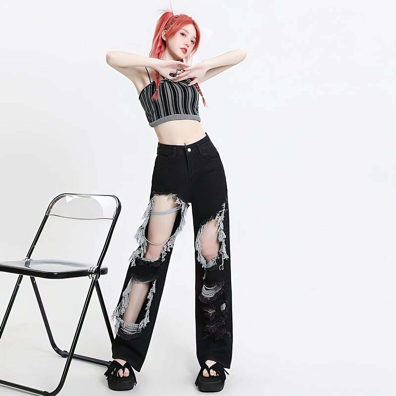 Y2K Fashion Grunge Ripped Wide Leg Jeans - Acubi & Coquette Style