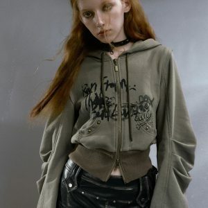 Y2K Fashion Grunge Ruched Sleeve Hoodie - Coquette & Acubi Style