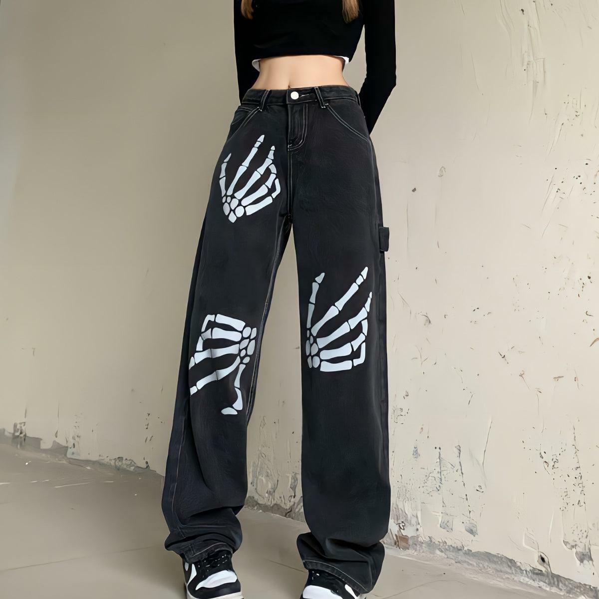 Y2K Fashion Grunge Skeleton Hand Printed Jeans - Acubi Coquette Style