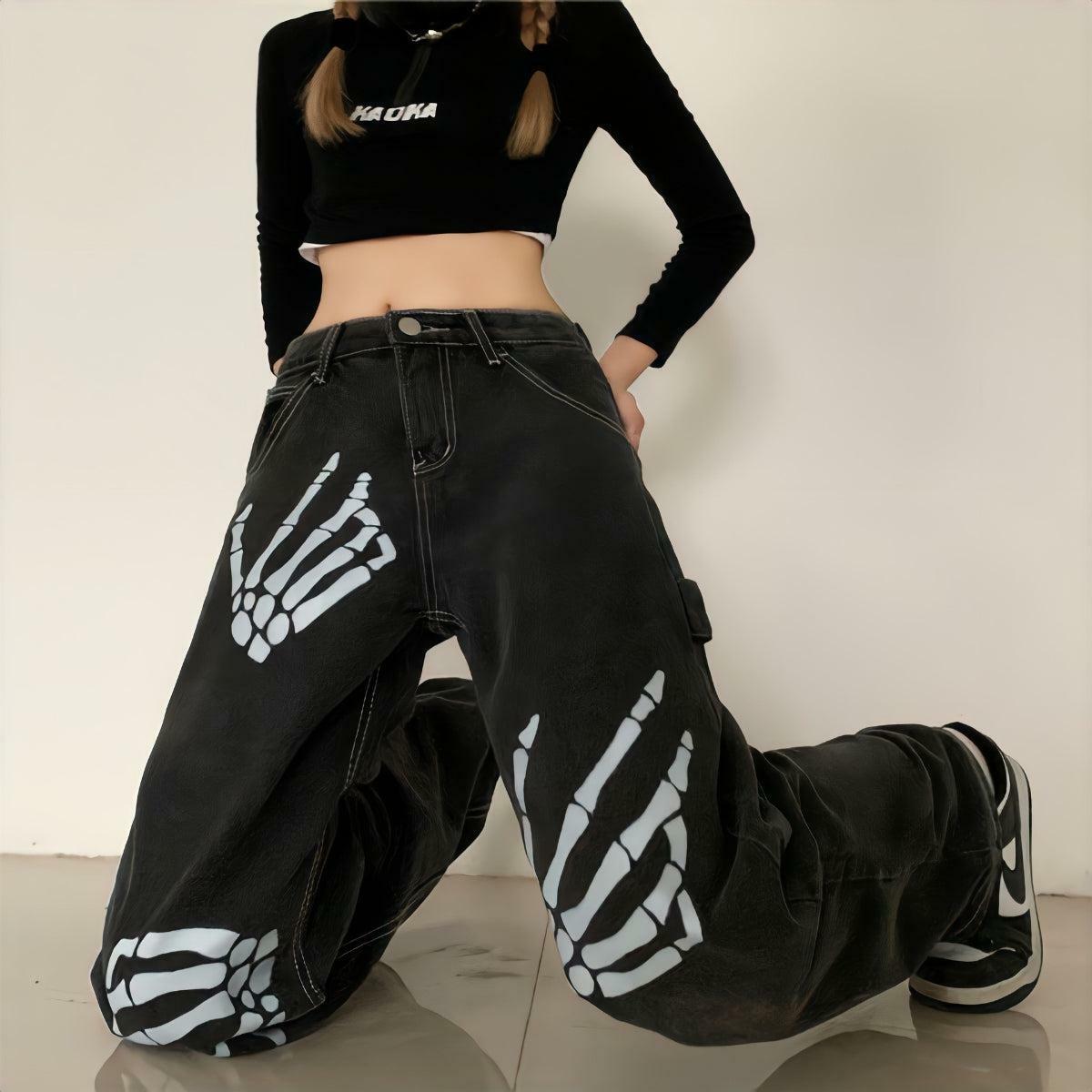 Y2K Fashion Grunge Skeleton Hand Printed Jeans - Acubi Coquette Style