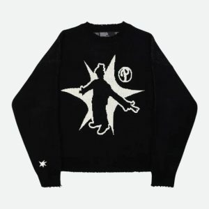 Y2K Fashion Grunge Starboy Distressed Knit Sweater - Aesthetic Coquette Style