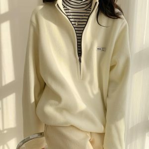 Y2K Fashion Half Zipper Fleece Sweatshirt - Coquette & Acubi Style