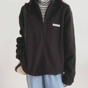 Y2K Fashion Half Zipper Fleece Sweatshirt - Coquette & Acubi Style