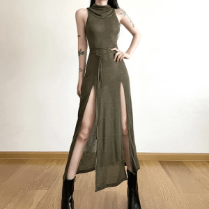 Y2K Fashion Hooded Slit Maxi Dress - Dark Coquette & Acubi Style