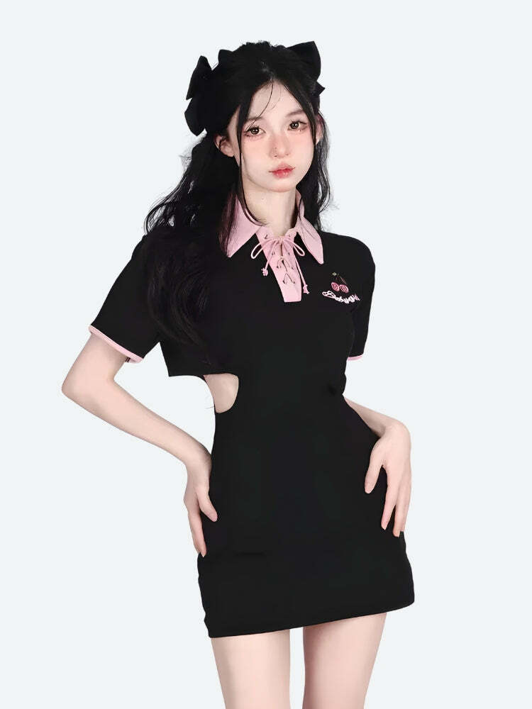 Y2K Fashion Kawaii Cherry Cut Out Mini Polo Dress - Acubi Coquette Style