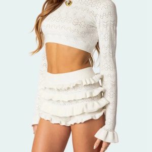 Y2K Fashion Knitted Crop Top & Ruffled Shorts Set - Coquette Aesthetic Outfit