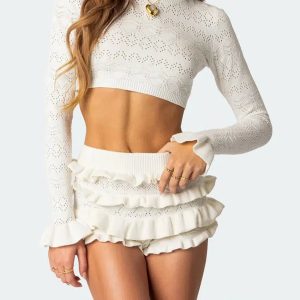 Y2K Fashion Knitted Crop Top & Ruffled Shorts Set - Coquette Aesthetic Outfit