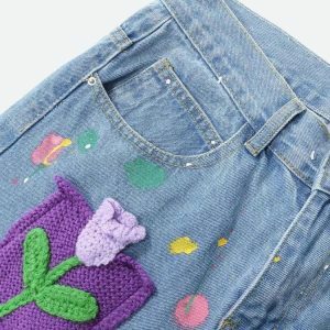 Y2K Fashion Knitted Flower Patch Denim Shorts - Coquette Aesthetic Style