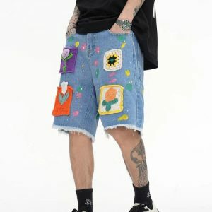 Y2K Fashion Knitted Flower Patch Denim Shorts - Coquette Aesthetic Style