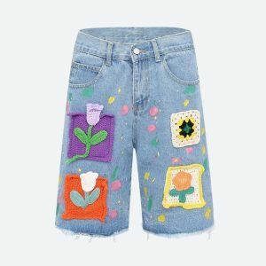 Y2K Fashion Knitted Flower Patch Denim Shorts - Coquette Aesthetic Style