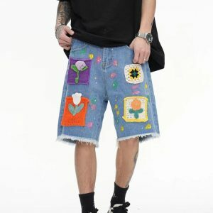 Y2K Fashion Knitted Flower Patch Denim Shorts - Coquette Aesthetic Style