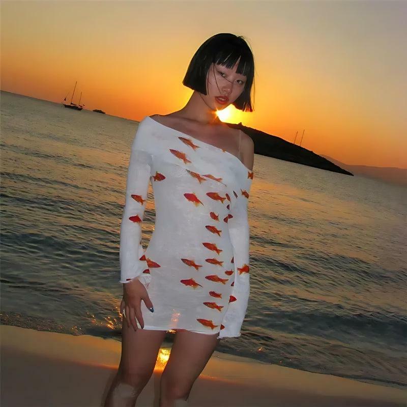 Y2K Fashion Koi Fish Printed Mesh Mini Dress - Coquette Aesthetic Outfit