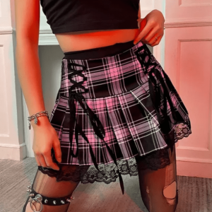 Y2K Fashion Lace Up Plaid Skirt - Dark Coquette & Acubi Style