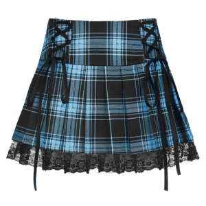 Y2K Fashion Lace Up Plaid Skirt - Dark Coquette & Acubi Style