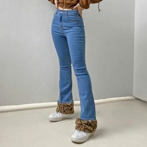 Y2K Fashion Leopard Cuffed Jeans - Acubi Style & Coquette Aesthetic