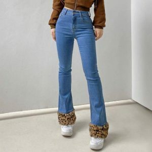 Y2K Fashion Leopard Cuffed Jeans - Acubi Style & Coquette Aesthetic