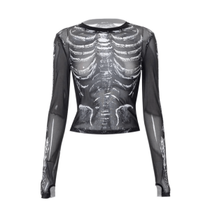 Y2K Fashion Long Sleeve Skeleton Top - Dark Coquette Aesthetic Tee