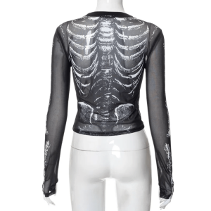 Y2K Fashion Long Sleeve Skeleton Top - Dark Coquette Aesthetic Tee