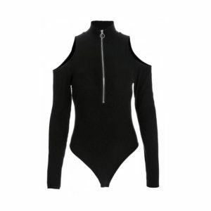 Y2K Fashion Long Sleeve Zip Front Bodysuit - Coquette & Acubi Style