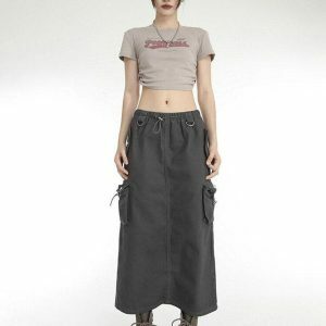 Y2K Fashion Low Rise Parachute Maxi Skirt - Coquette & Acubi Style