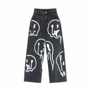 Y2K Fashion Melting Smiley Print Jeans - Coquette & Acubi Style