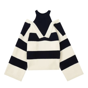 Y2K Fashion Open Shoulder Stripe Sweater - Coquette & Acubi Style