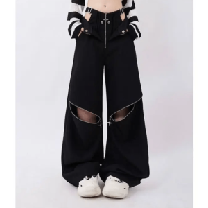 Y2K Fashion Open Zip Pants - Dark Coquette & Acubi Aesthetic Styles