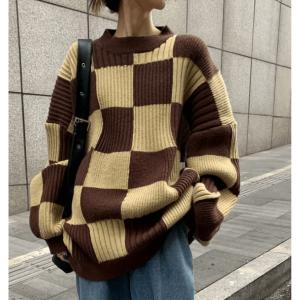 Y2K Fashion Oversized Checkered Sweater - Coquette & Acubi Style